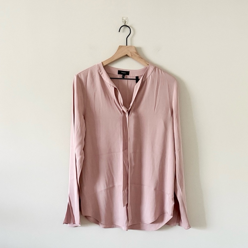 Theory Kimry Long Sleeve Necktie Silk Blouse in Blush Pink Size M